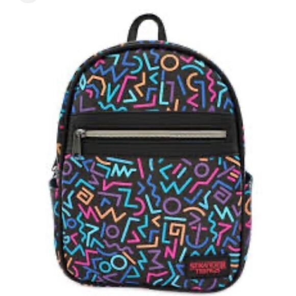 Stranger Things Women's Multicolor Geometric Lines Mini Black Backpack - Picture 1 of 13